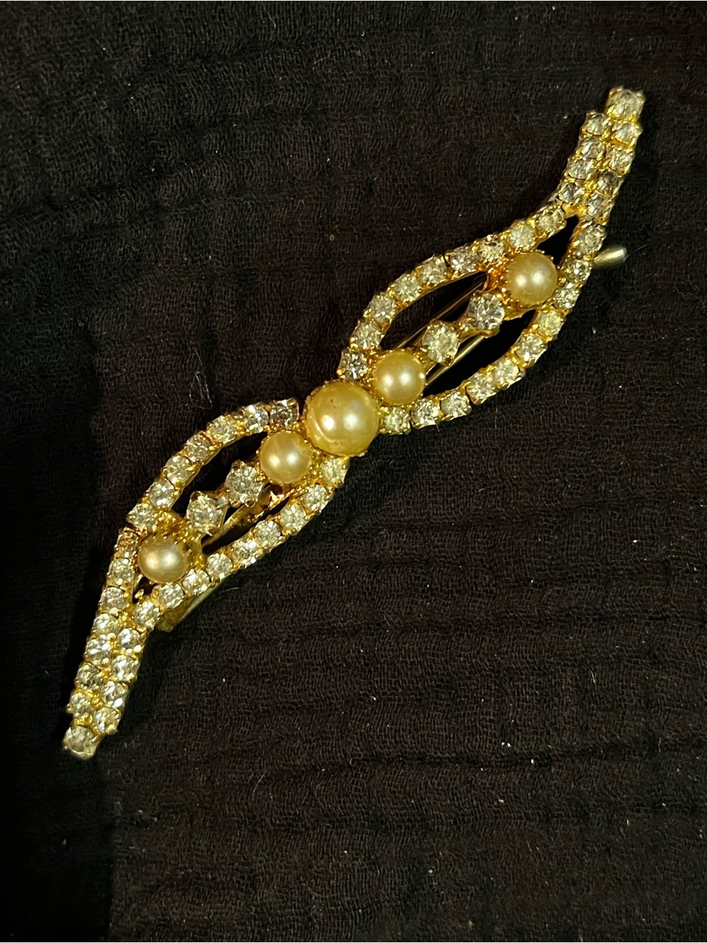 Vintage Rhinestone Faux Pearl Wavy Gold Tone Bridal Hair Pin Barrette Clip